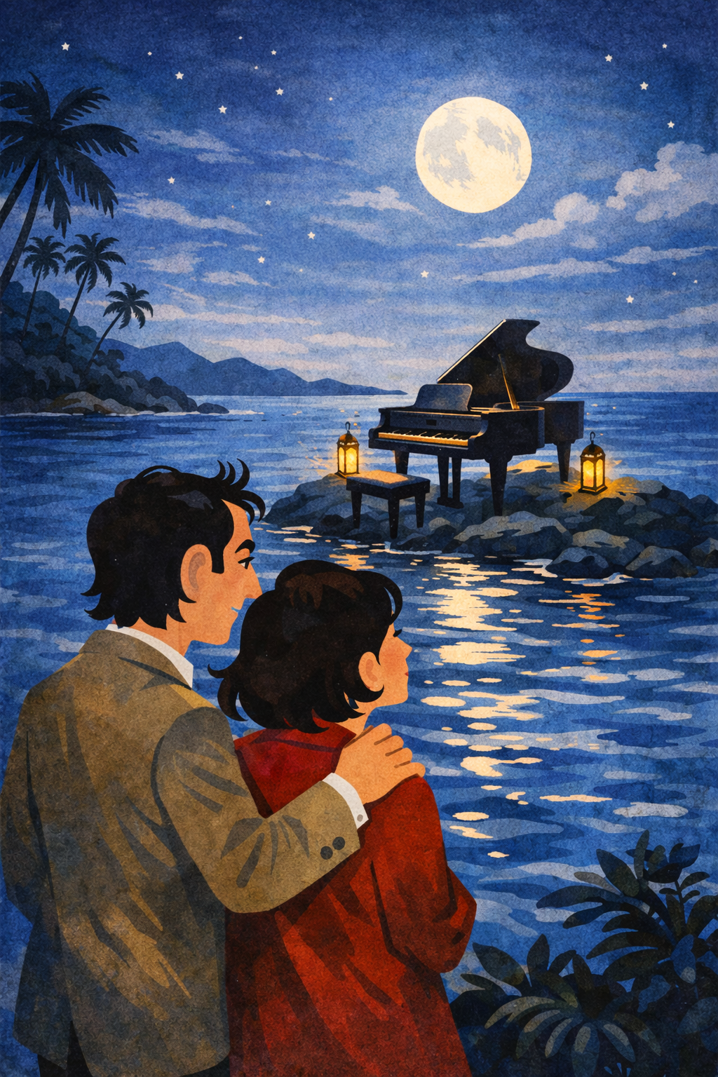 Pianoforte all'aperto di notte con gli sposi vicino al mare