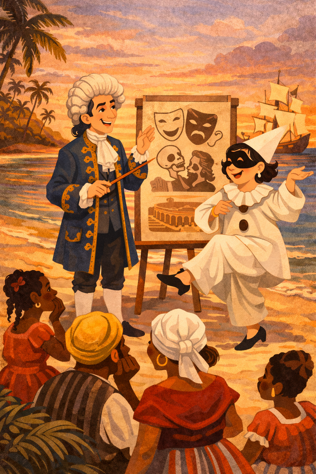 Marcantonio con parrucca settecentesca e Rosy in costume teatrale su una spiaggia