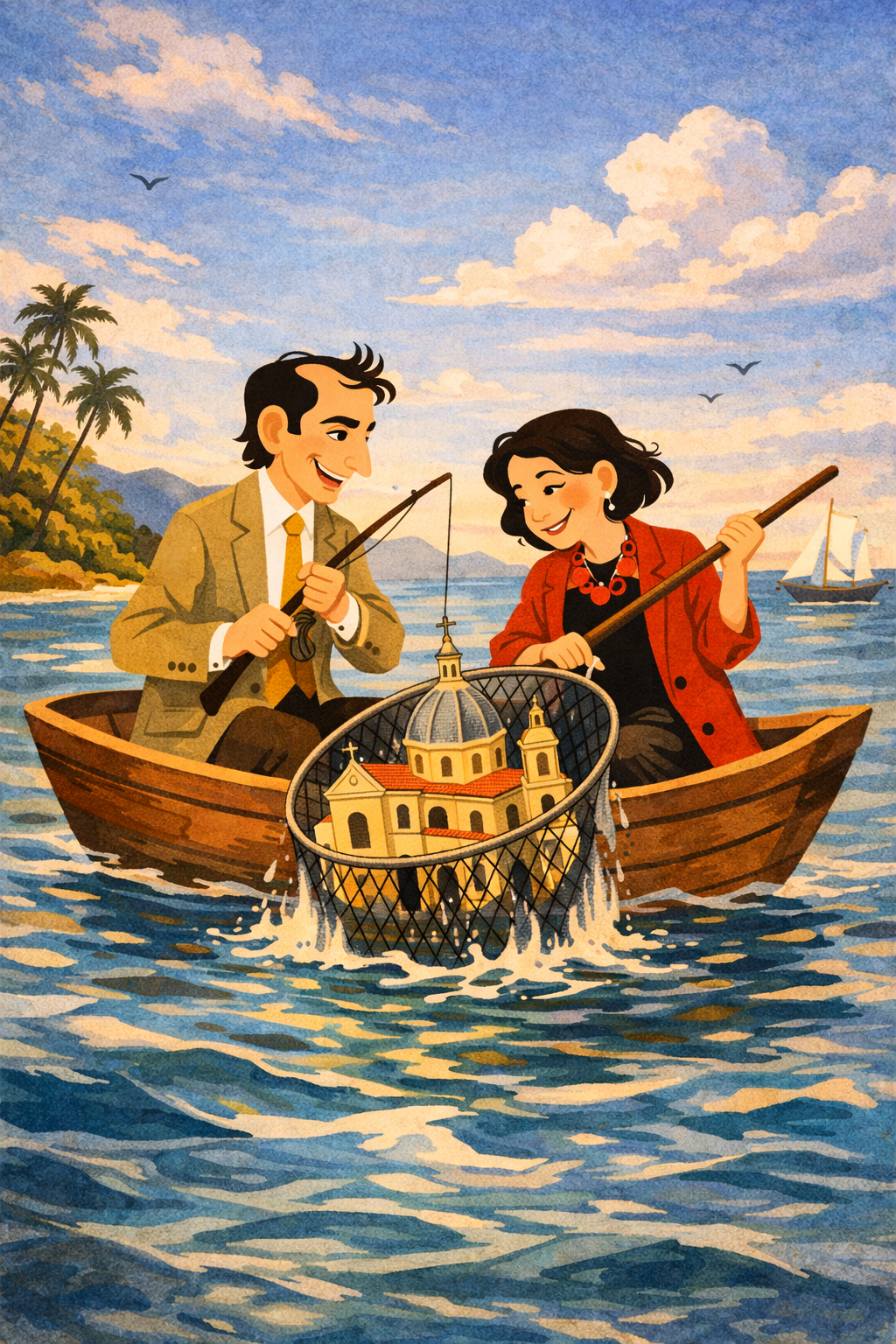 Rosy e Marcantonio in barca mentre pescano una piccola basilica dal mare